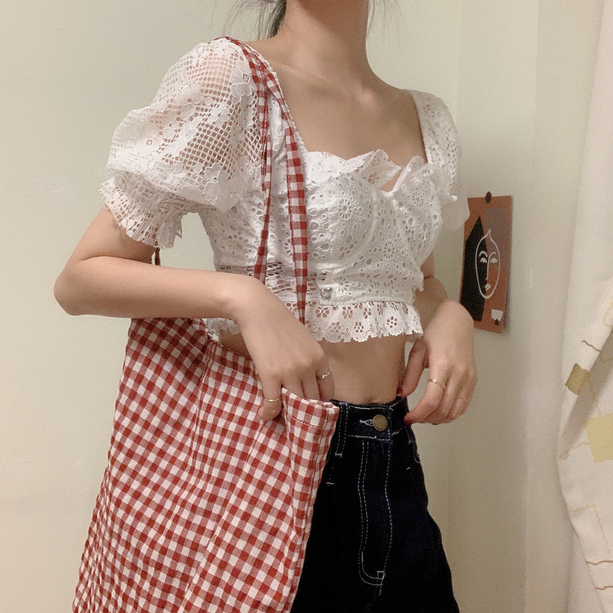Sweet & Chic Embroidered Lace Blouse - Women's Cropped Top Korean style lace puff sleeve short top