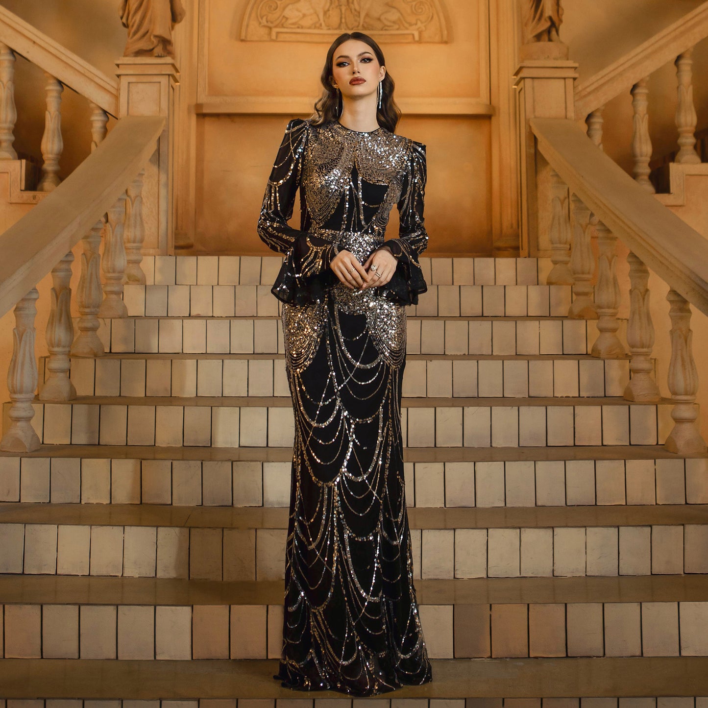 Long Sleeve Round Neck Slim-fit Sheath Sequined Banquet Fishtail Evening Dress For Women's