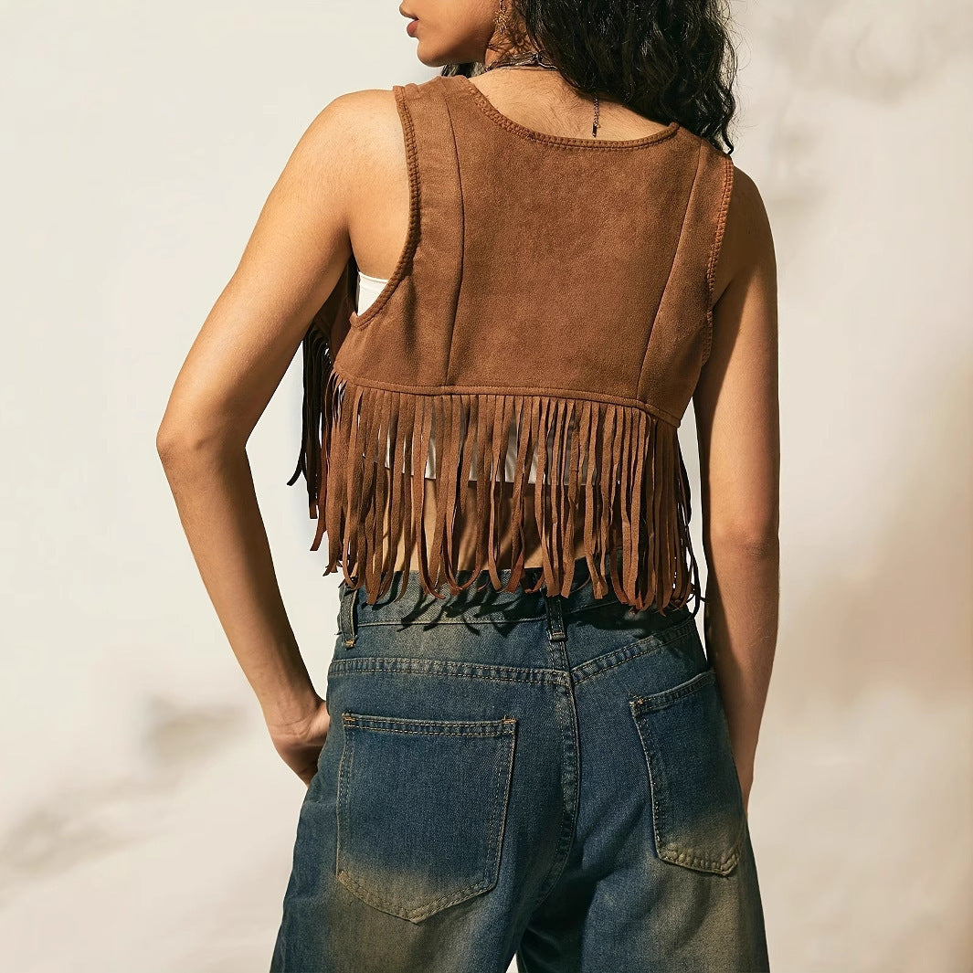 Solid Color Tassel Hem Lace Up Slim Vest For Women's