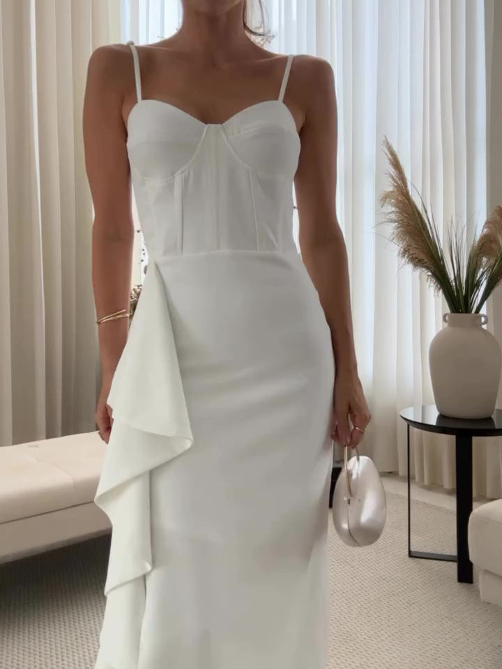 Elegant White Draped Detail Bodycon Gown with High Split White Ruffled Slit Suspender Dress