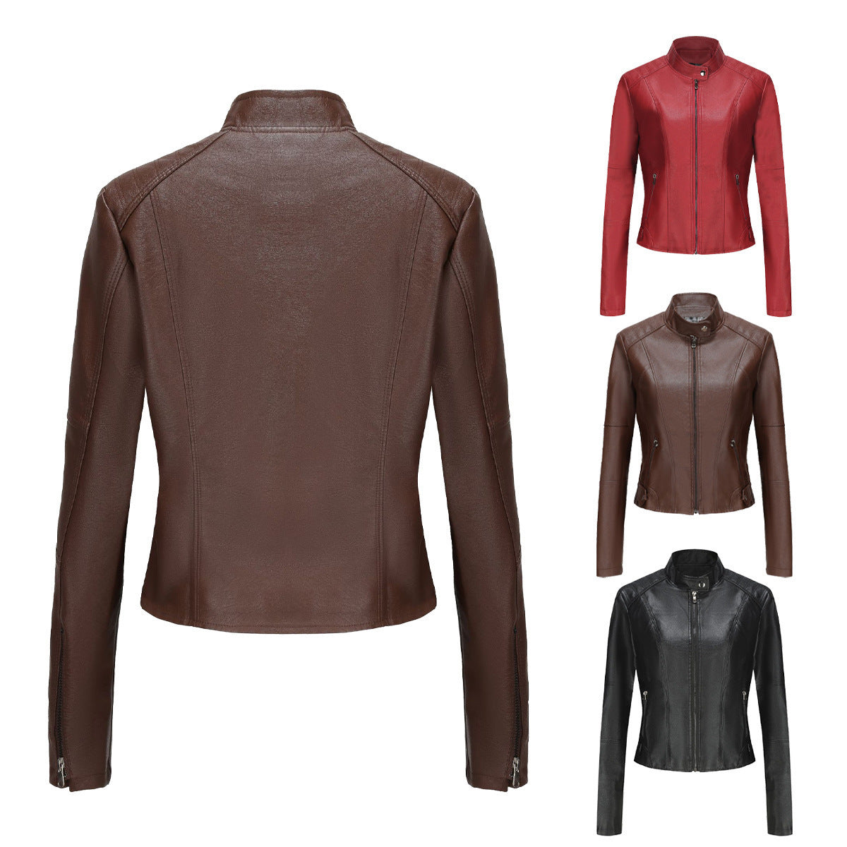Short Slim-fit Leather Coat For Women's
