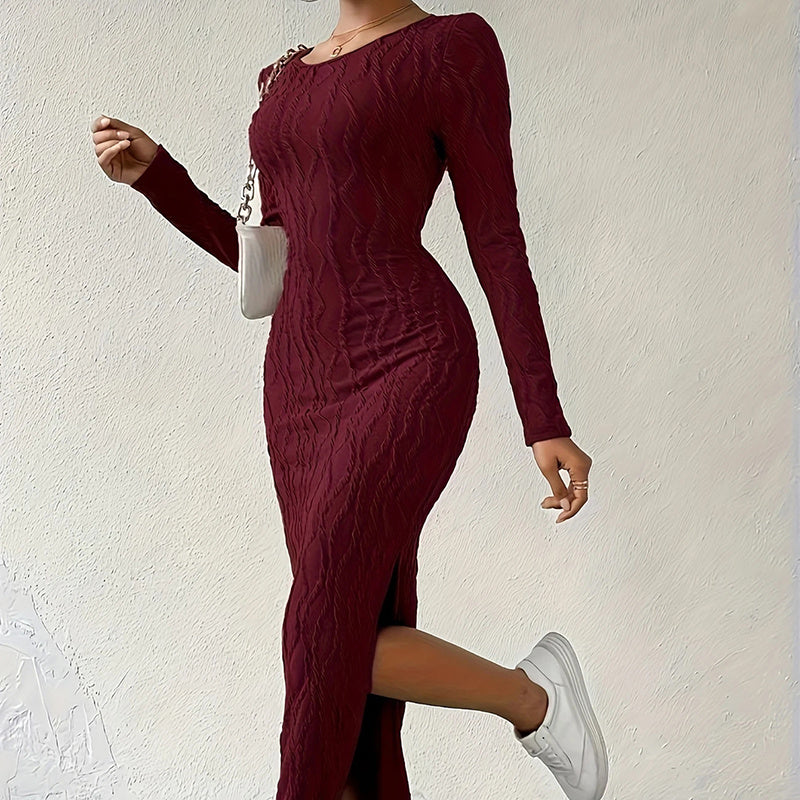 Crew Neck Long Sleeve Ribbed Dress Side Slit Knit Bodycon Midi Dress Women's