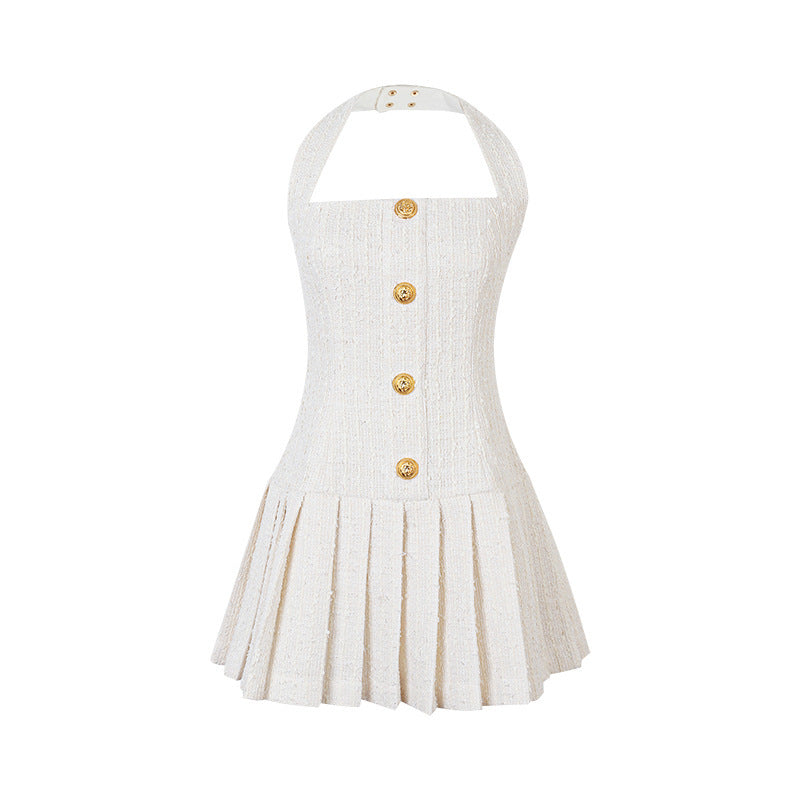 White Halter Neck Pleated Mini Dress with Button Detail Women's Camisole Classic Style Summer Dress