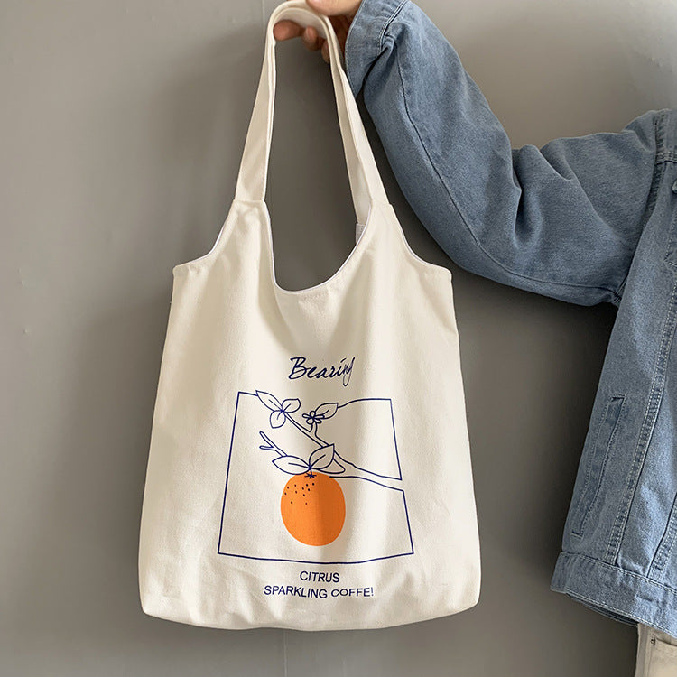 Canvas Tote Bag with Orange Print Korean Bag
