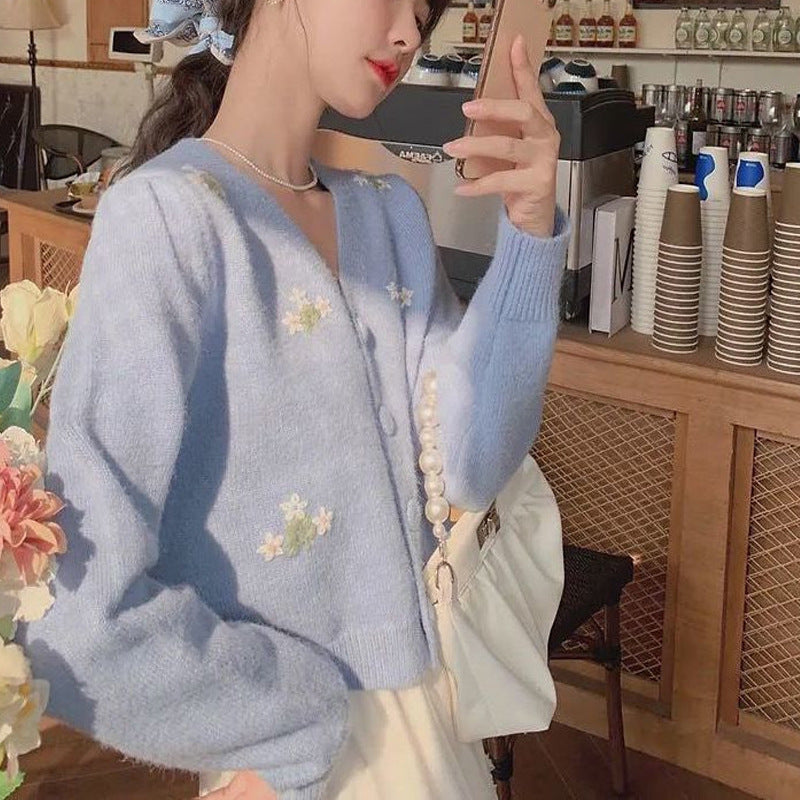 Korean Style Cropped Embroidered Knit Top - Casual & Elegant Long Sleeve Top Korean Short Thin Sweater Jacket