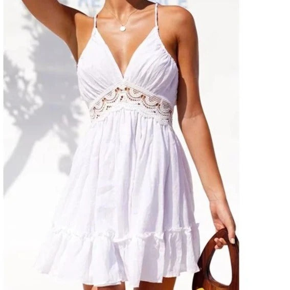 Bohemian Lace Trim Mini Dress with Open Back & Ruffled Hem