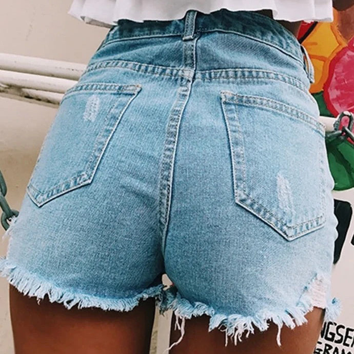 Stylish Hole Stretch Denim Shorts For Women's