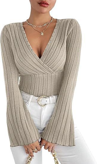Autumn And Winter Rib Sunken Stripe V-neck Flared Slim-fit Long Sleeve T-shirt Elegant Women's Top