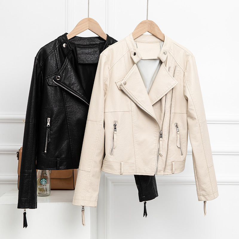 Cream Leather Short Aesthetic Jacket For Women's