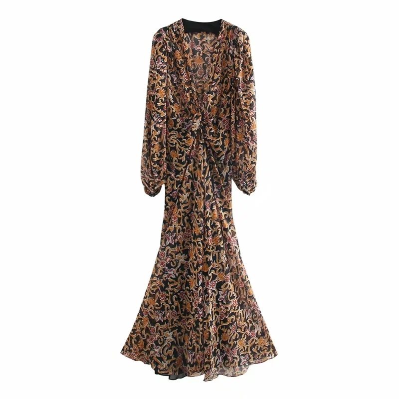 Floral Retro Printed V-neck Long sleeves Tulle Dress Woman vintage Goth Long dress