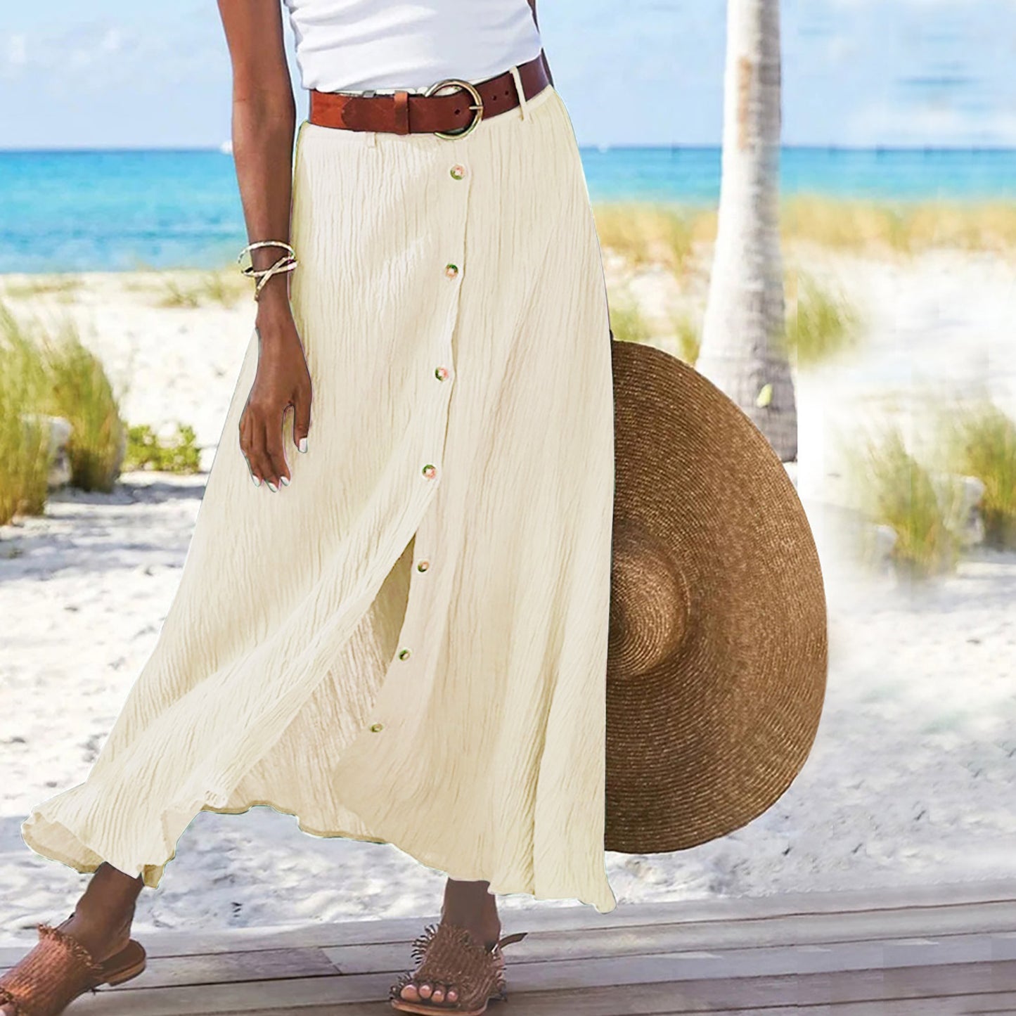 Fashion Cotton Linen A-Line Hip Mid Waist Long Skirt