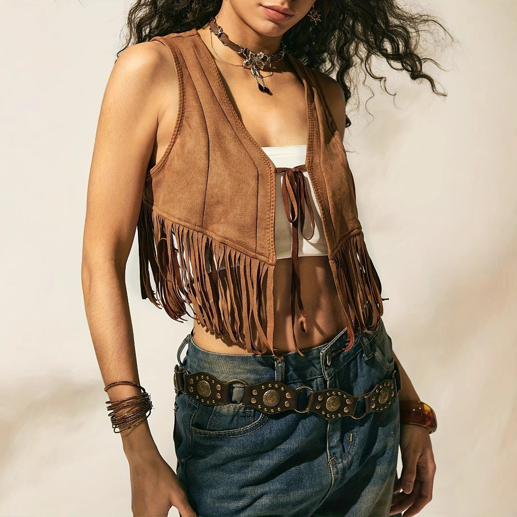 Solid Color Tassel Hem Lace Up Slim Vest For Women's