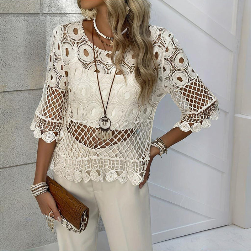 Solid Color Round Neck Crochet Knit Top - Lace Half Sleeve Summer Cover Up With Sheer Cutout Design
