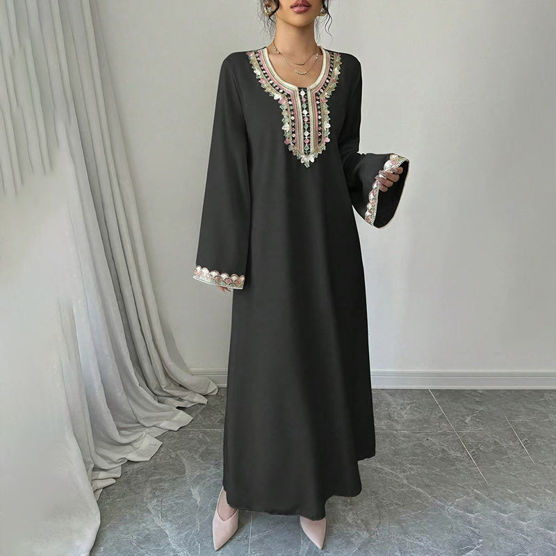 Middle Eastern Embroidered Maxi Dress - Round Neck Long Sleeve Flowy Kaftan With Exquisite Embroidery, Loose Fit