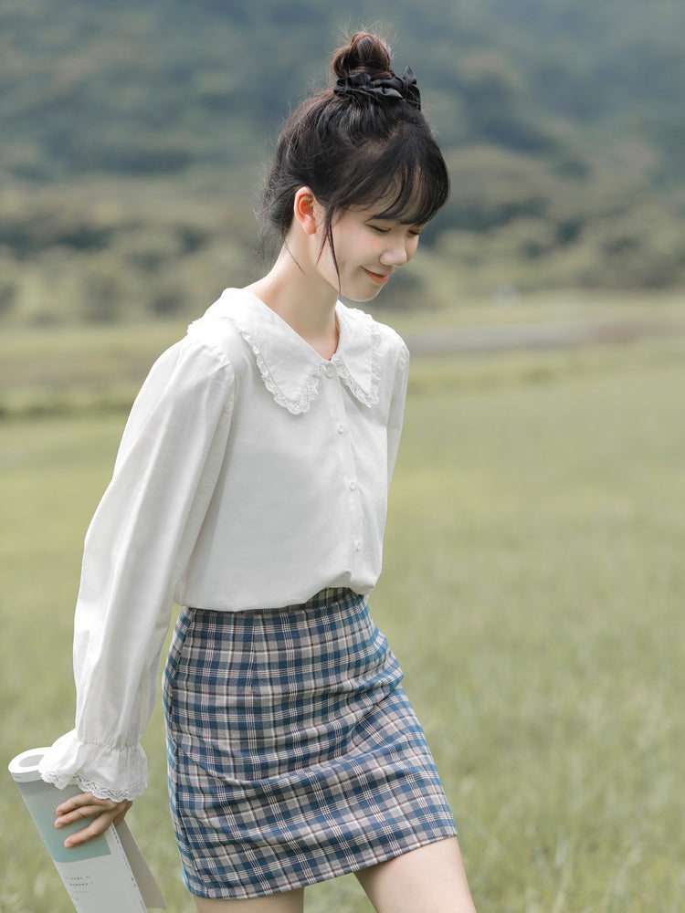 Niche Spring And Autumn Doll Collar Design Sense White Shirt