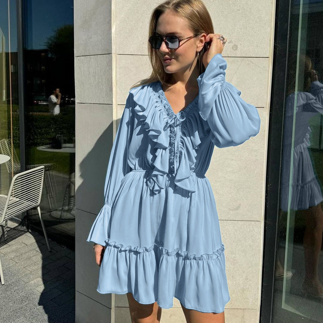 Chic Ruffle Mini Dress | V-Neck with Billowy Long Sleeves (White, Pink, Black, Blue) Fashion V Neck Pleated Ruffle Long Sleeve Dress Y2K V Neck Flared Sleeve Short Dress Women's Clothing