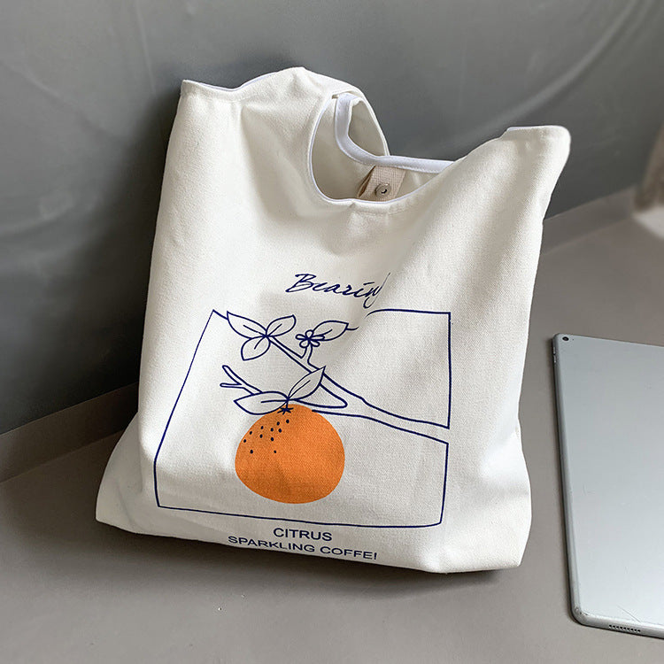 Canvas Tote Bag with Orange Print Korean Bag