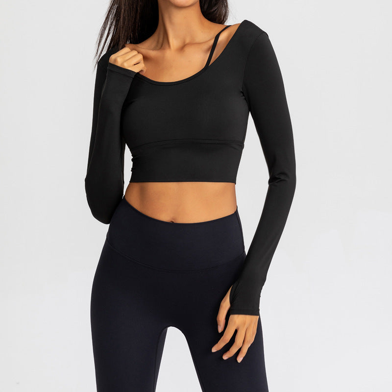 Asymmetrical Strap Long Sleeve Crop Top – Stretchy Ribbed Yoga & Athleisure Shirt for Women Yoga clothes top women