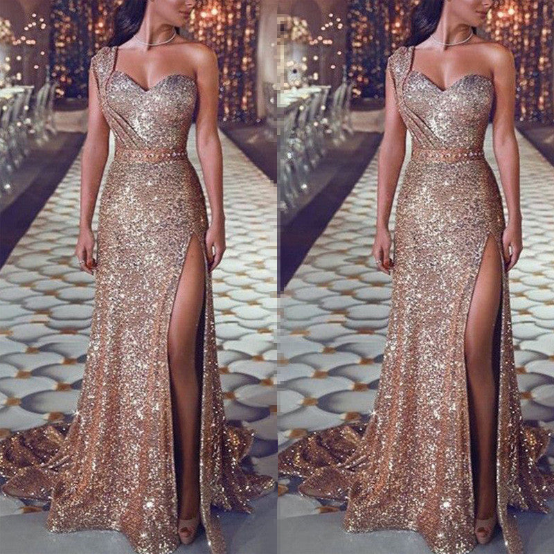 One-shoulder Sleeveless Bronzing Split Dress Women's Clothing
