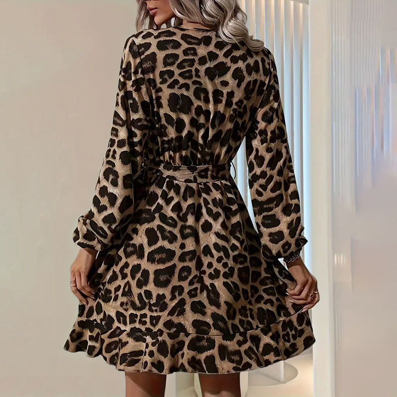 Leopard Print Ruffle Hem Long Sleeve V Neck Belted A Line Dress