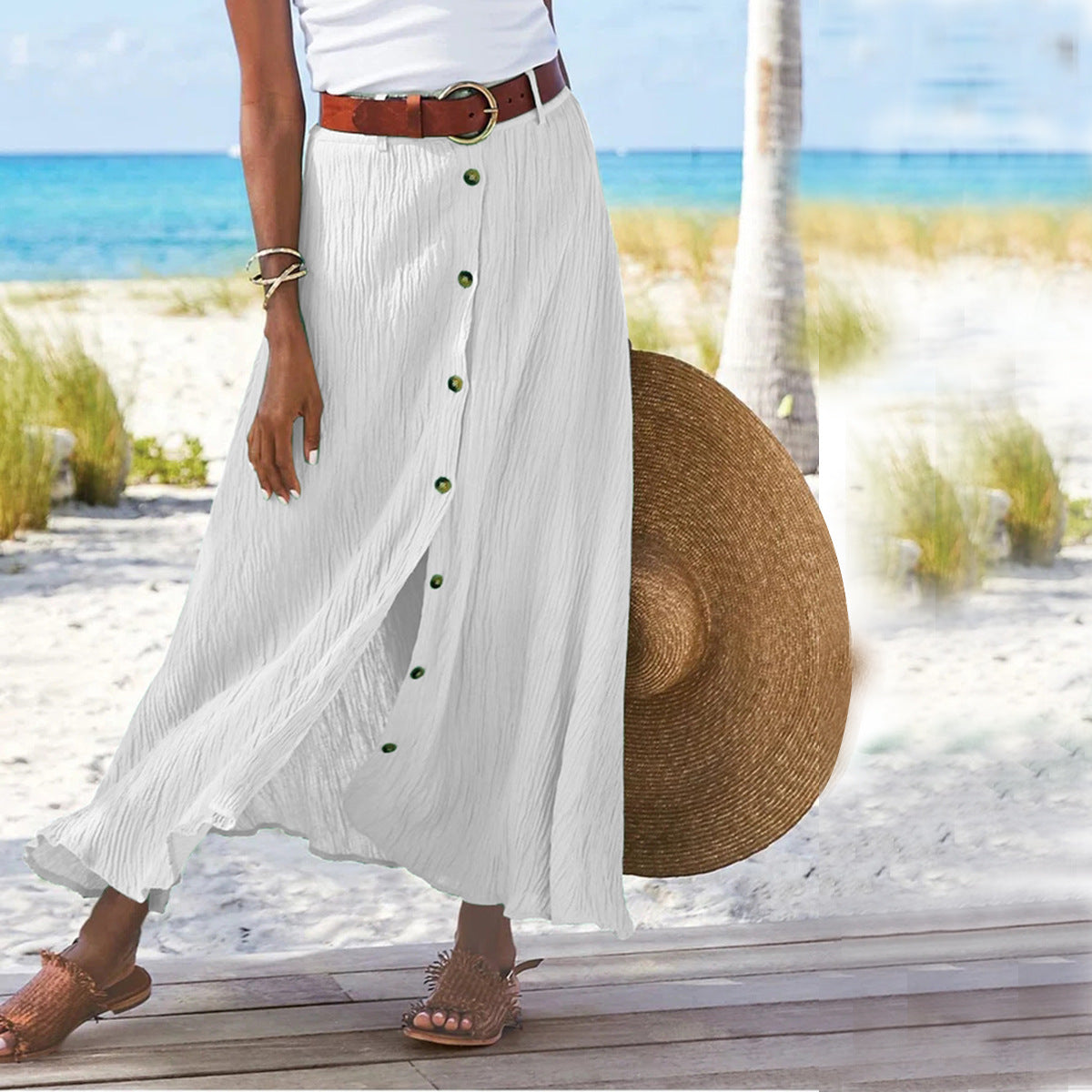 Fashion Cotton Linen A-Line Hip Mid Waist Long Skirt