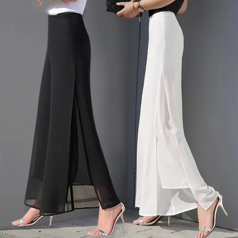 Luxe Flow Slit Pants – Sheer Elegance in Black & White Chiffon harem pants split female wide-leg pants