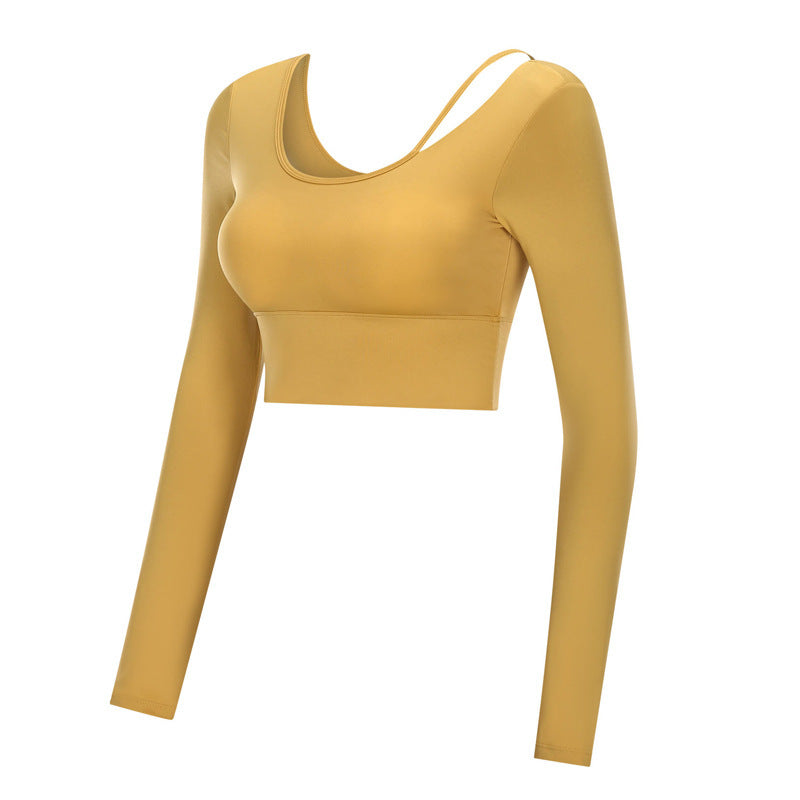 Asymmetrical Strap Long Sleeve Crop Top – Stretchy Ribbed Yoga & Athleisure Shirt for Women Yoga clothes top women