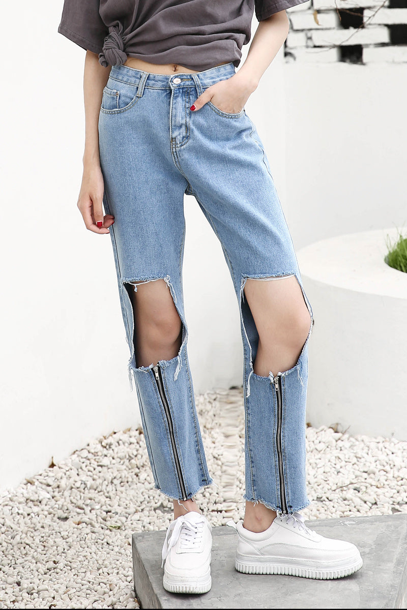 Streetwear Fake Zippers Loose Straight Jeans Woman With Holes Ankle Length Denim Pants