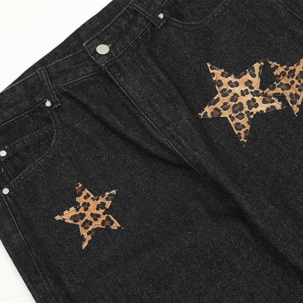 Leopard Star Patch Wide-Leg Jeans – Y2K Statement Denim Leopard Print Five-pointed Star Jeans For Men And Women