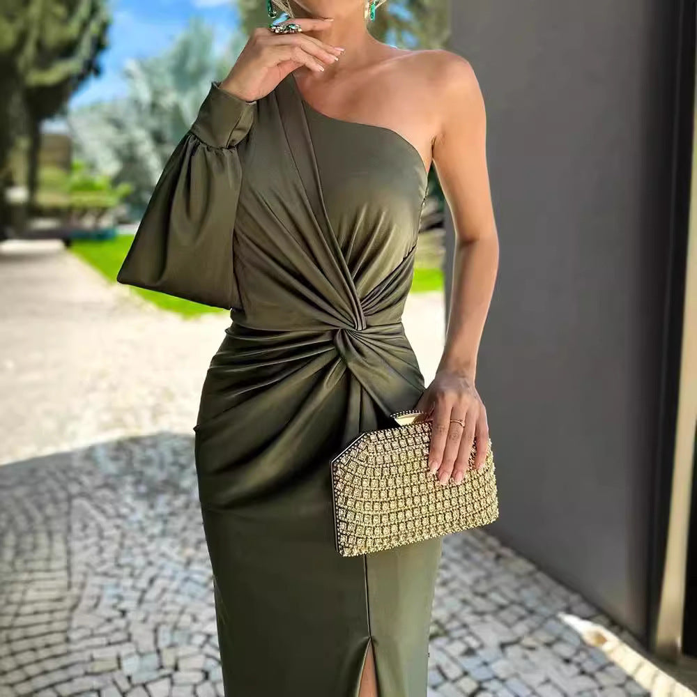 Diagonal Shoulder Knot Split Solid Color Slim Fit Dress