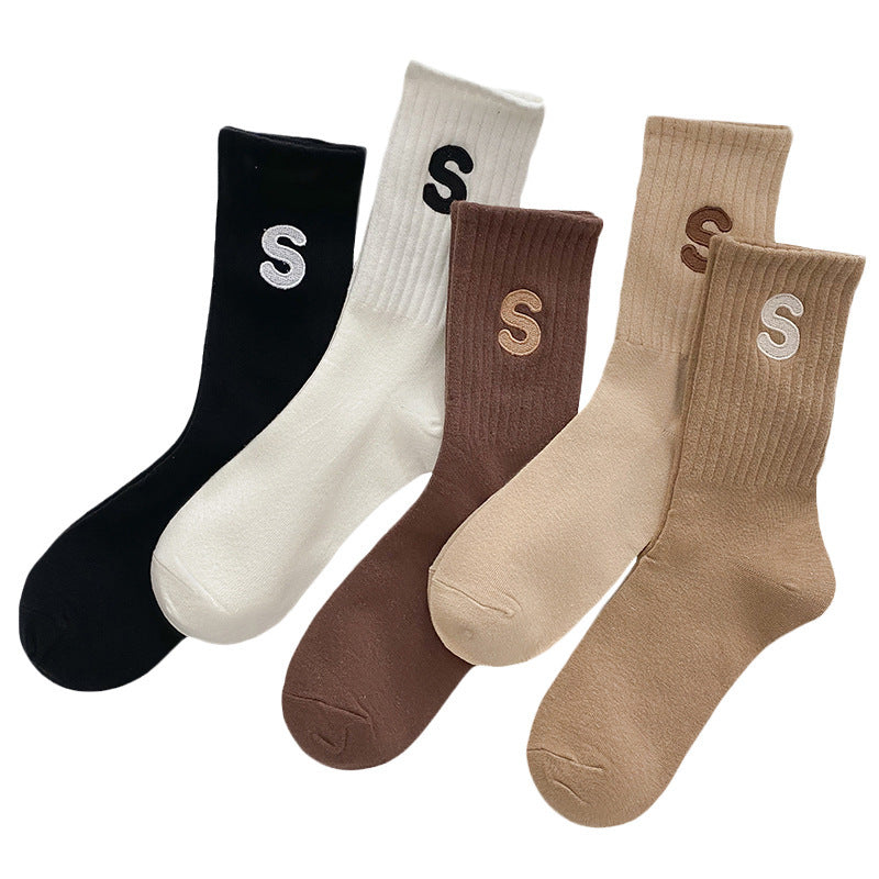 Embroidered S-letter Cotton Sweat-absorbent Autumn And Winter Socks Women's