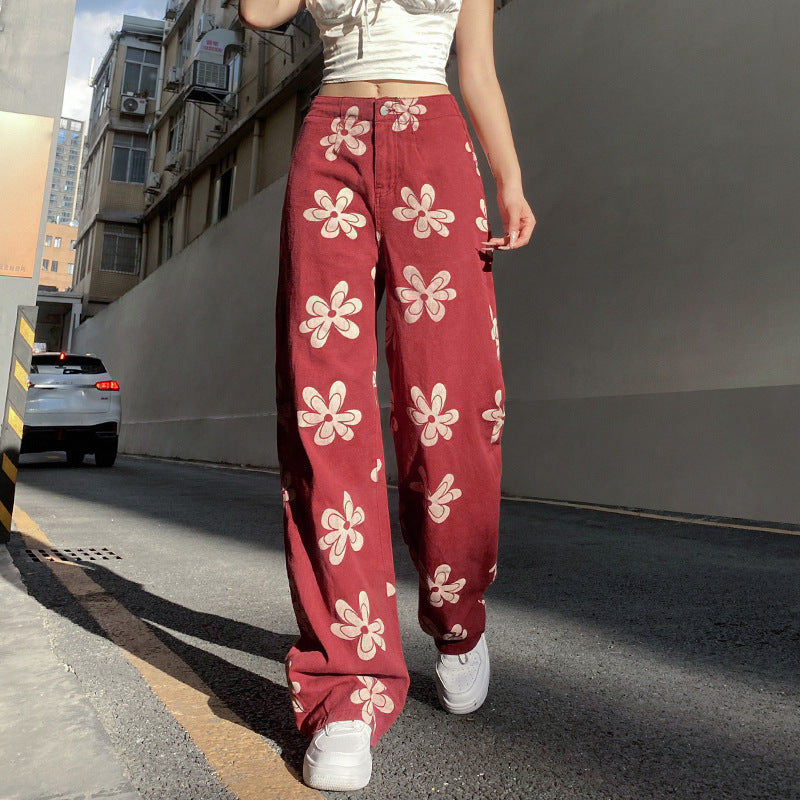 Bloom Boldly, Walk Loudly Fashion Printed Sexy Low-rise Wide-leg Jeans Women