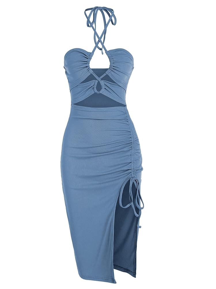 Cut-Out Ruched Bodycon Midi Dress – Sultry & Stylish Partywear Women's Sleeveless Dress Sexy Midi Halter Dresses Criss Cross Cami Women's Dresses Dress For Party
