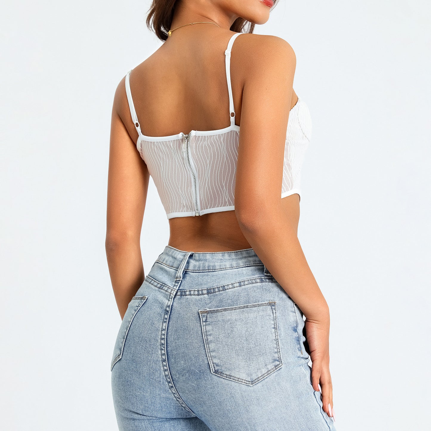 Trendy Ruched Mesh Bustier Crop Top with Boning Detail Hot Girl Top Camisole Women