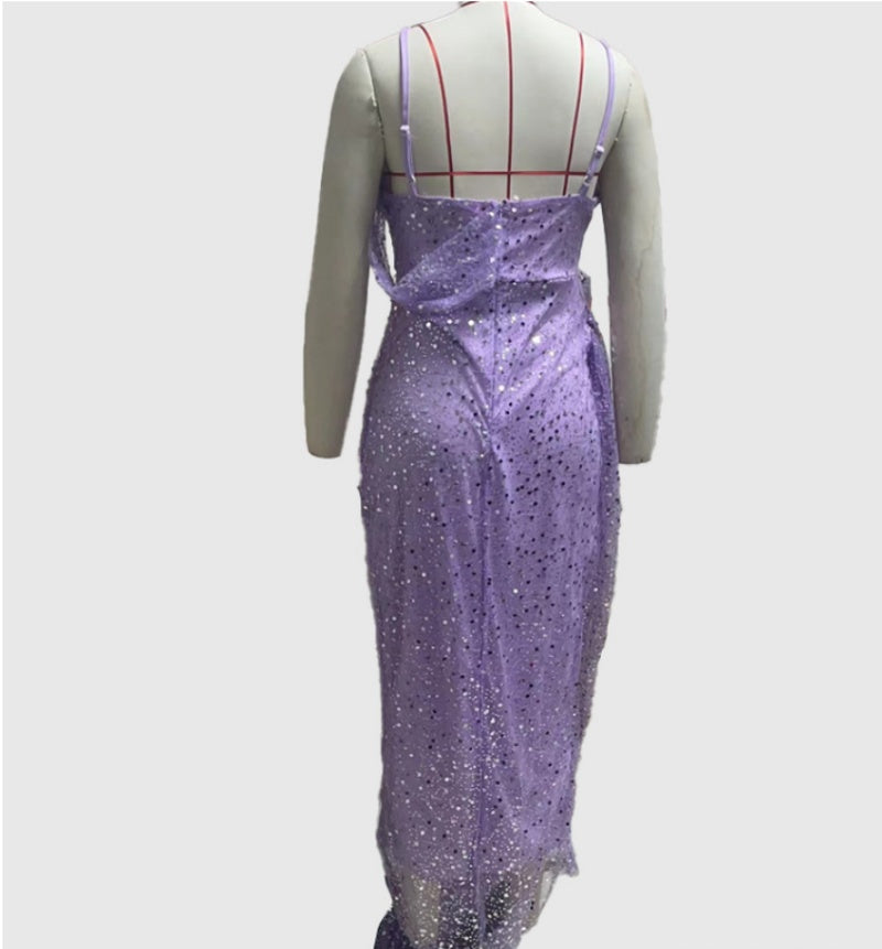 Elegant Lilac Shimmering Draped Evening Gown Irregular Spaghetti-strap Split Dress