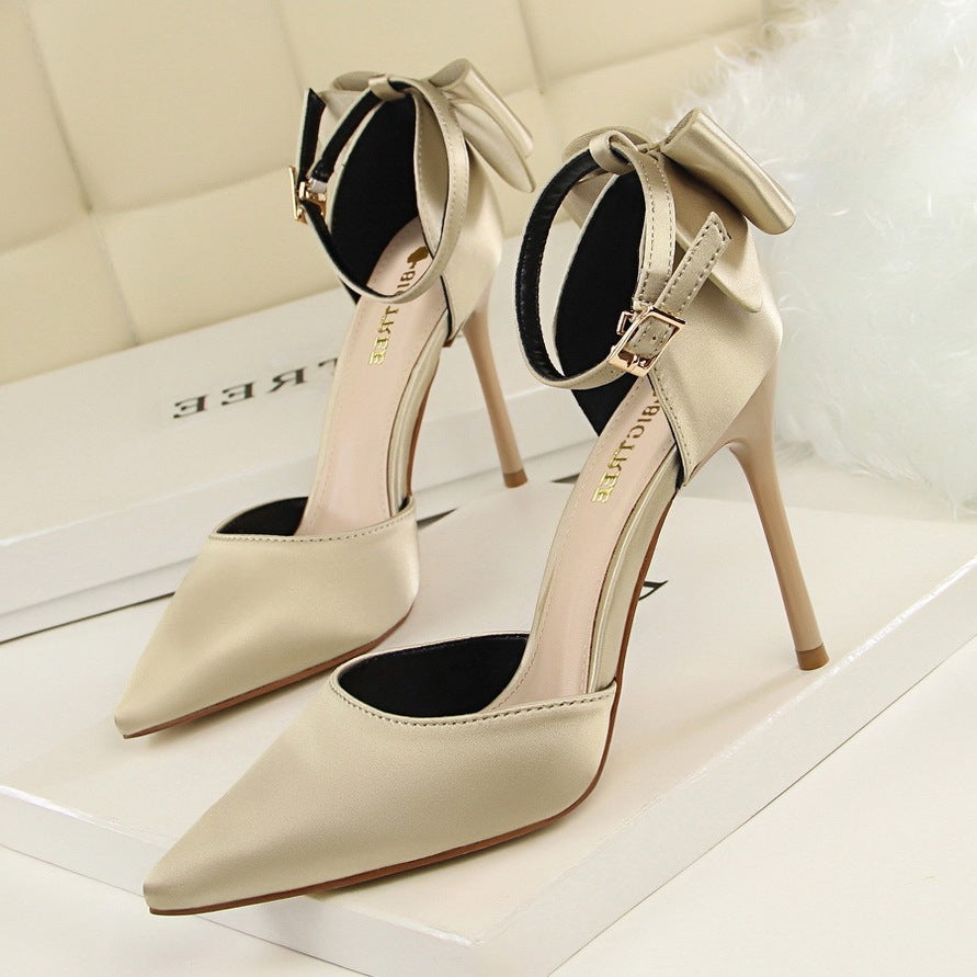 Women's Korean Version Sweet Beauty Sandals Thin High Heels Shallow Mouth Pointed Silk High Heels Pointed satin stiletto high heels
