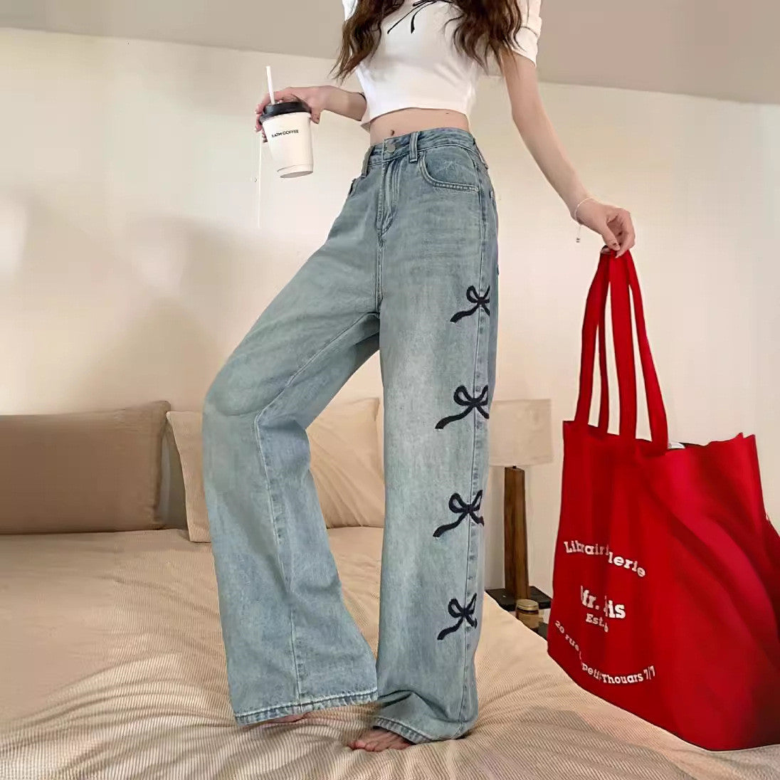 Ribbon Side Statement – Bow Detail Baggy Jeans Butterfly Embroidered Jeans Wide-leg Pants For Women