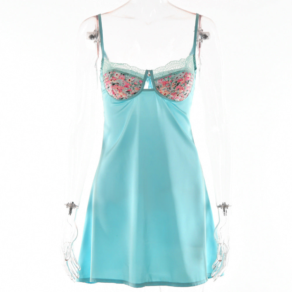 Lace Splicing Sling Short Skirt Lace-up Low-cut Dress