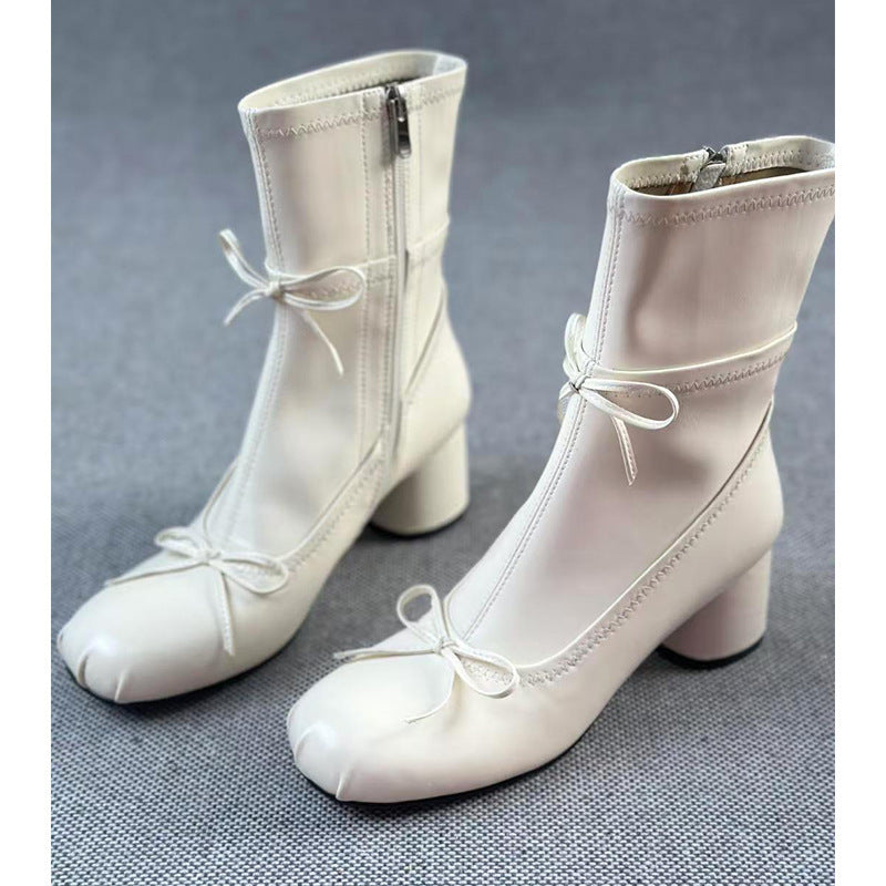 Ballet Style White High-heeled Round Head Thin Boots