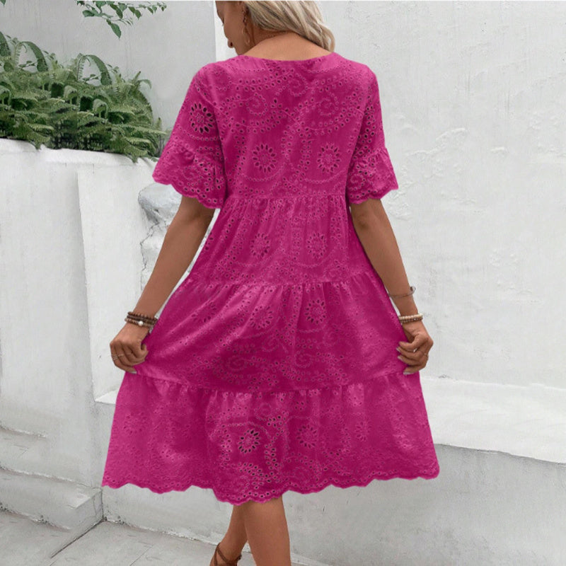Round Neck Embroidered Lace Short Sleeve A-Line Elegant Summer Vacation Dress