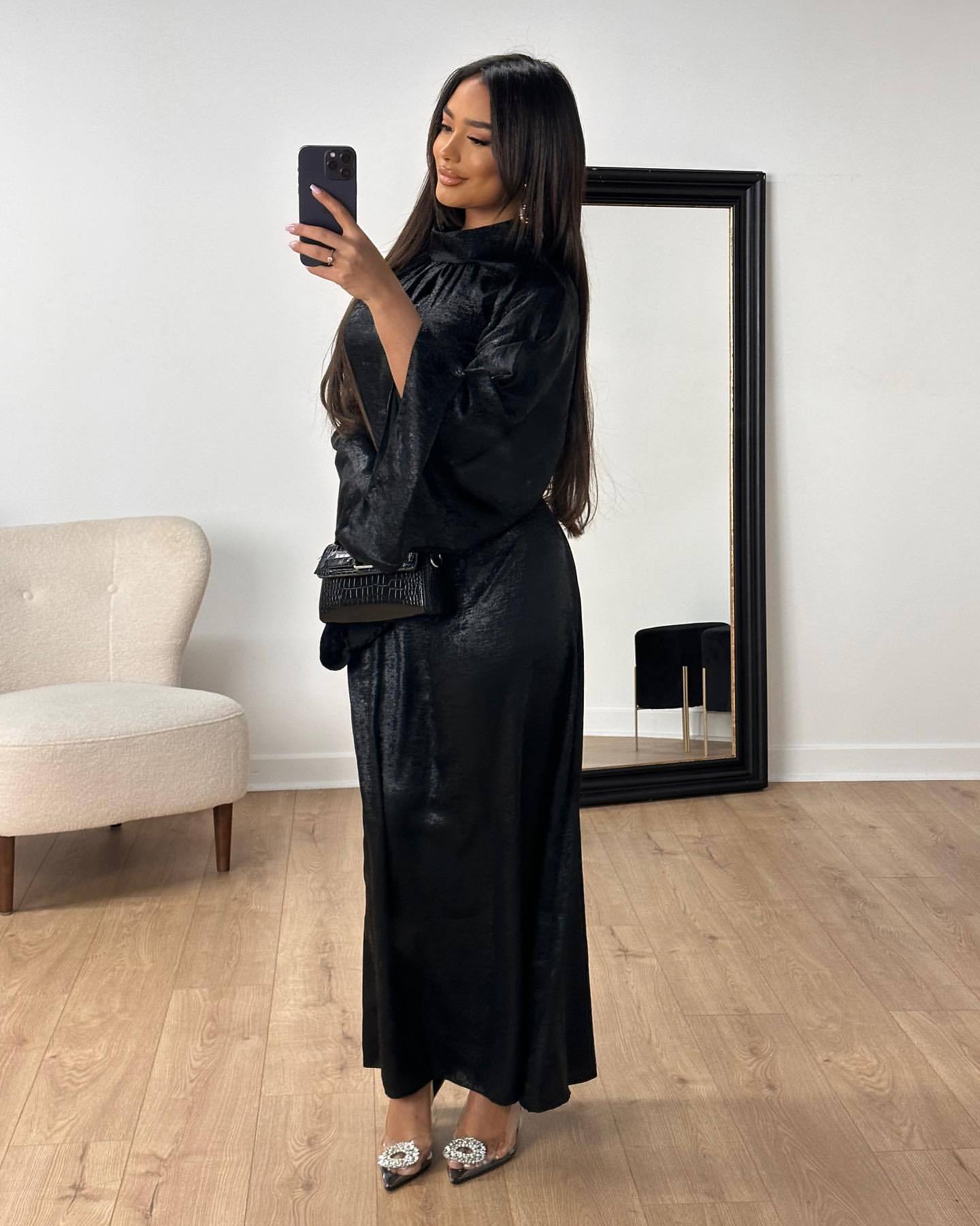 Elegant Metallic Shimmer Satin Maxi Dress Women's Fashion Stitching Dubai Turkey Elegant Dress