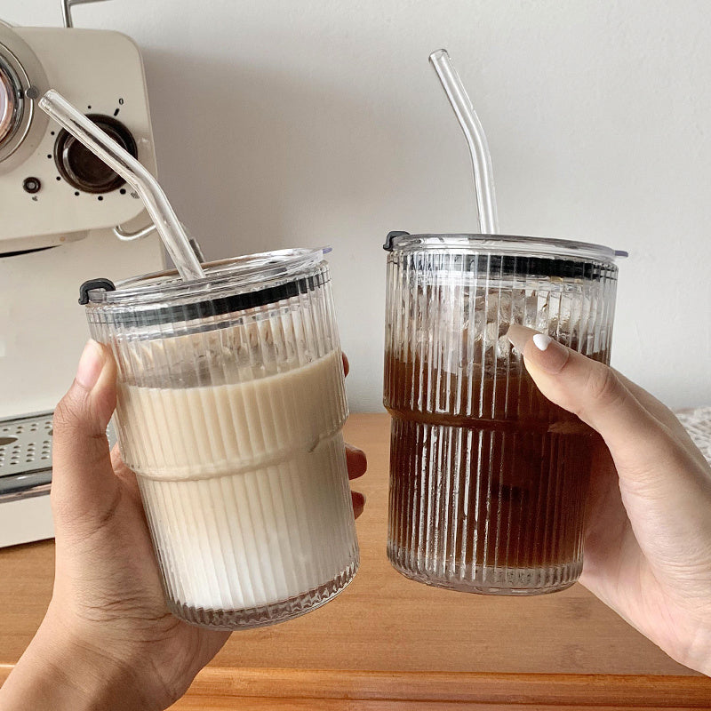 Aesthetic Striped Glass Cup for Cold Drinks Wind Stripe Coffee Mug With Straw With Lid Glass Handy Mug