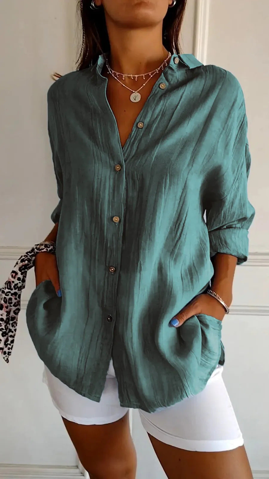 Lapel Long Sleeve Shirt Single-breasted Pleated Shirt For Women's