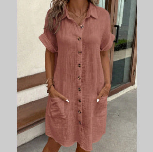 Summer Short Sleeve Shirt Dress Fashion Solid Color Single-breasted Mid-length Loose Dress For Women's
