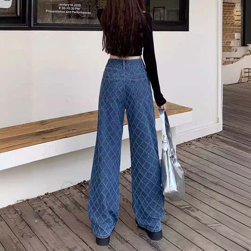 Summer Ladies New Loose Drooping Slimming Jacquard Design Straight-leg Denim Trousers