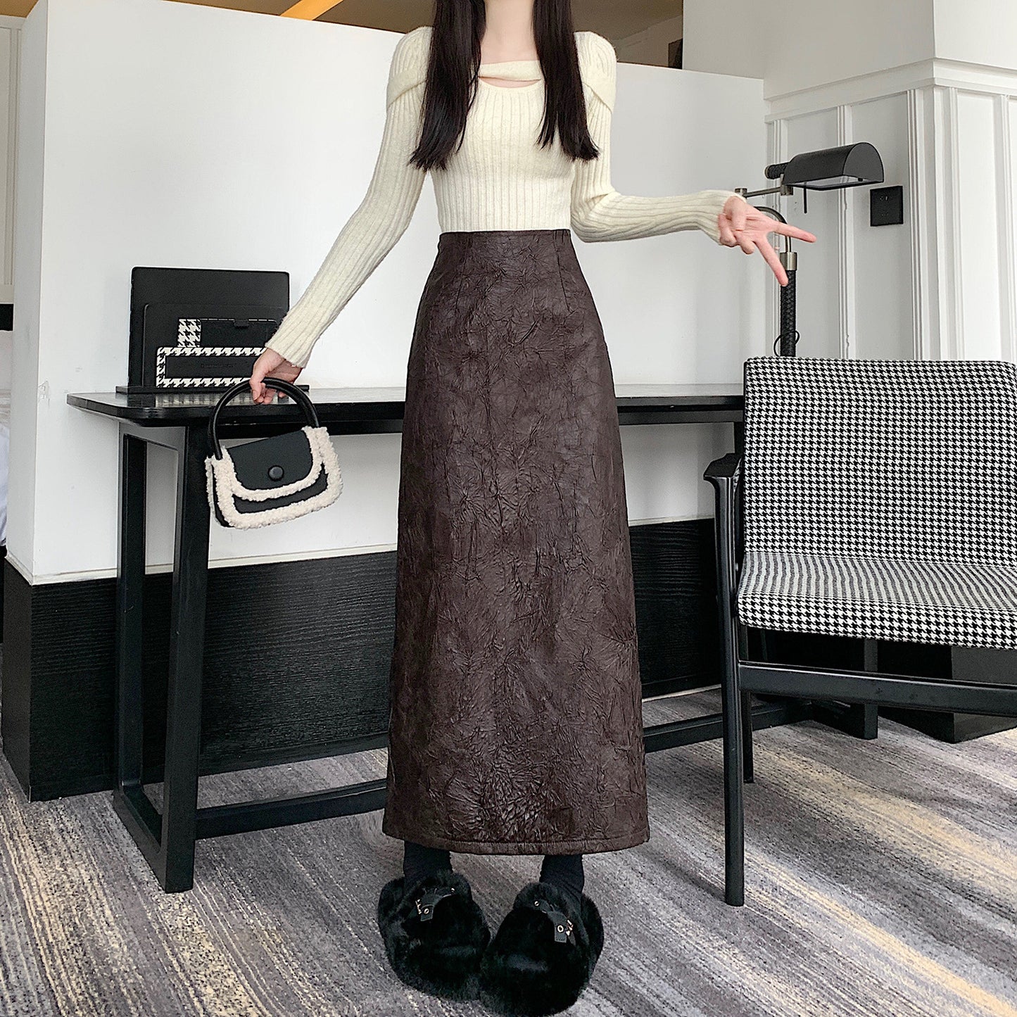 Pleated Retro Skirt Women's Split Long Skirt
