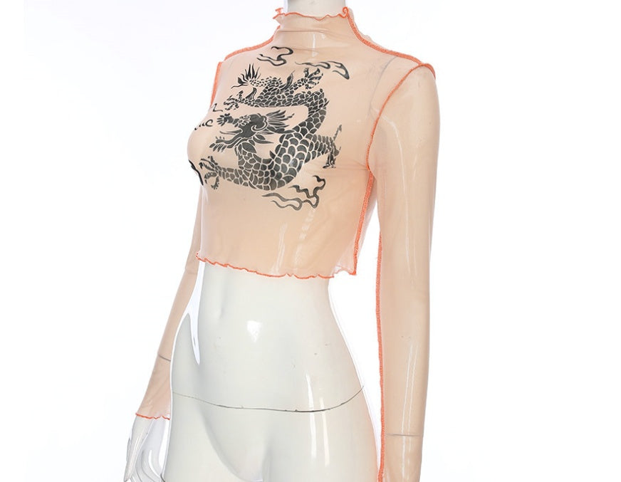 CHINESE DRAGON TURTLENECK MESH CROP TOP