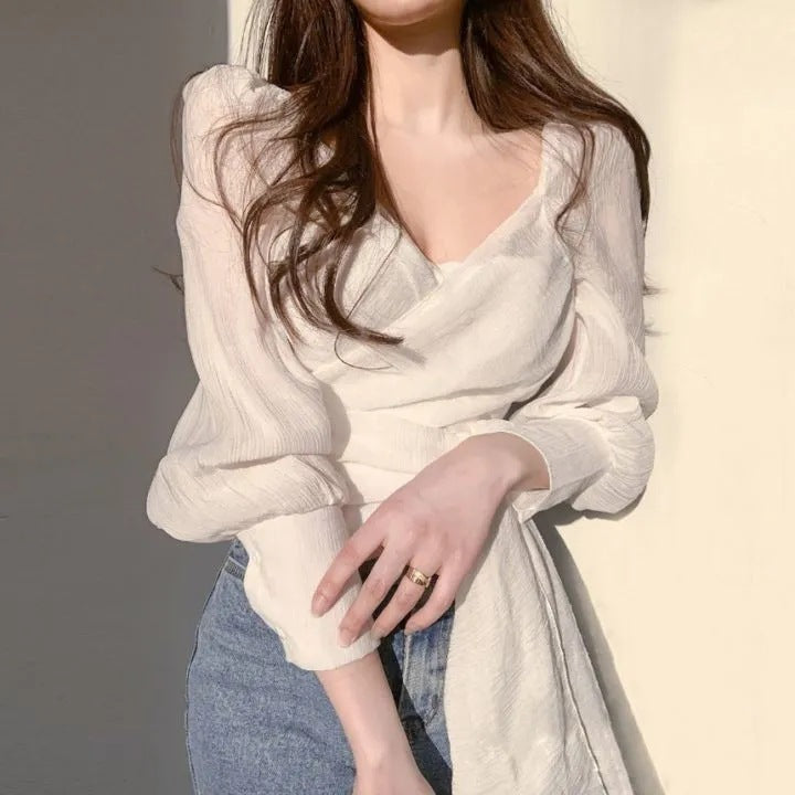Chic & Versatile V-Neck Long Sleeve Blouse - Perfect for Dates & Office Fashion Elegant Chiffon Blouse Top For Women
