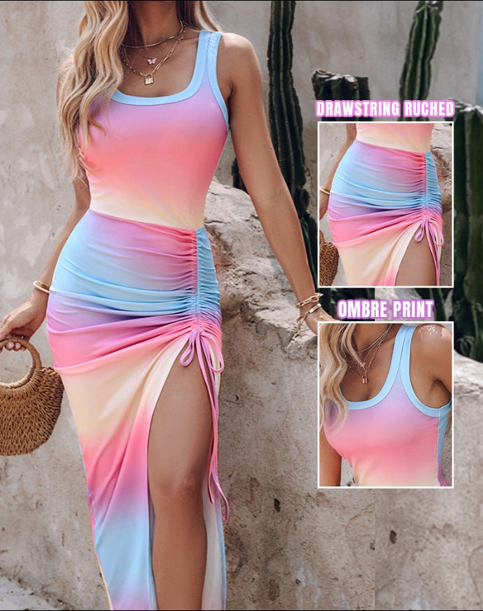 Sleeveless Bodycon Dress - Round Neck Waist Ruffled Side Slit Tight Long Dress