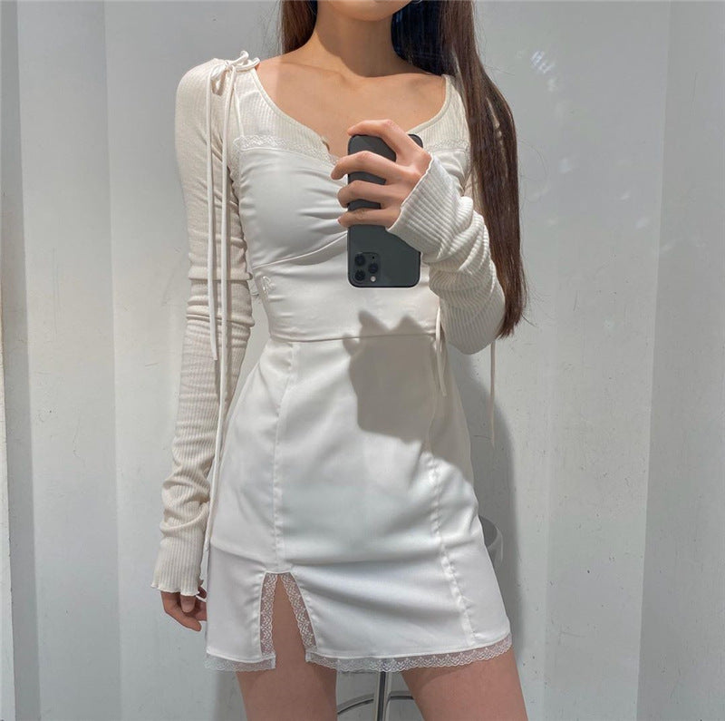 Square collar lace satin split dress